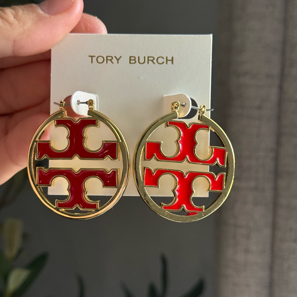 Nwt Tory Burch Red And Gold Hoop Earrings 50$